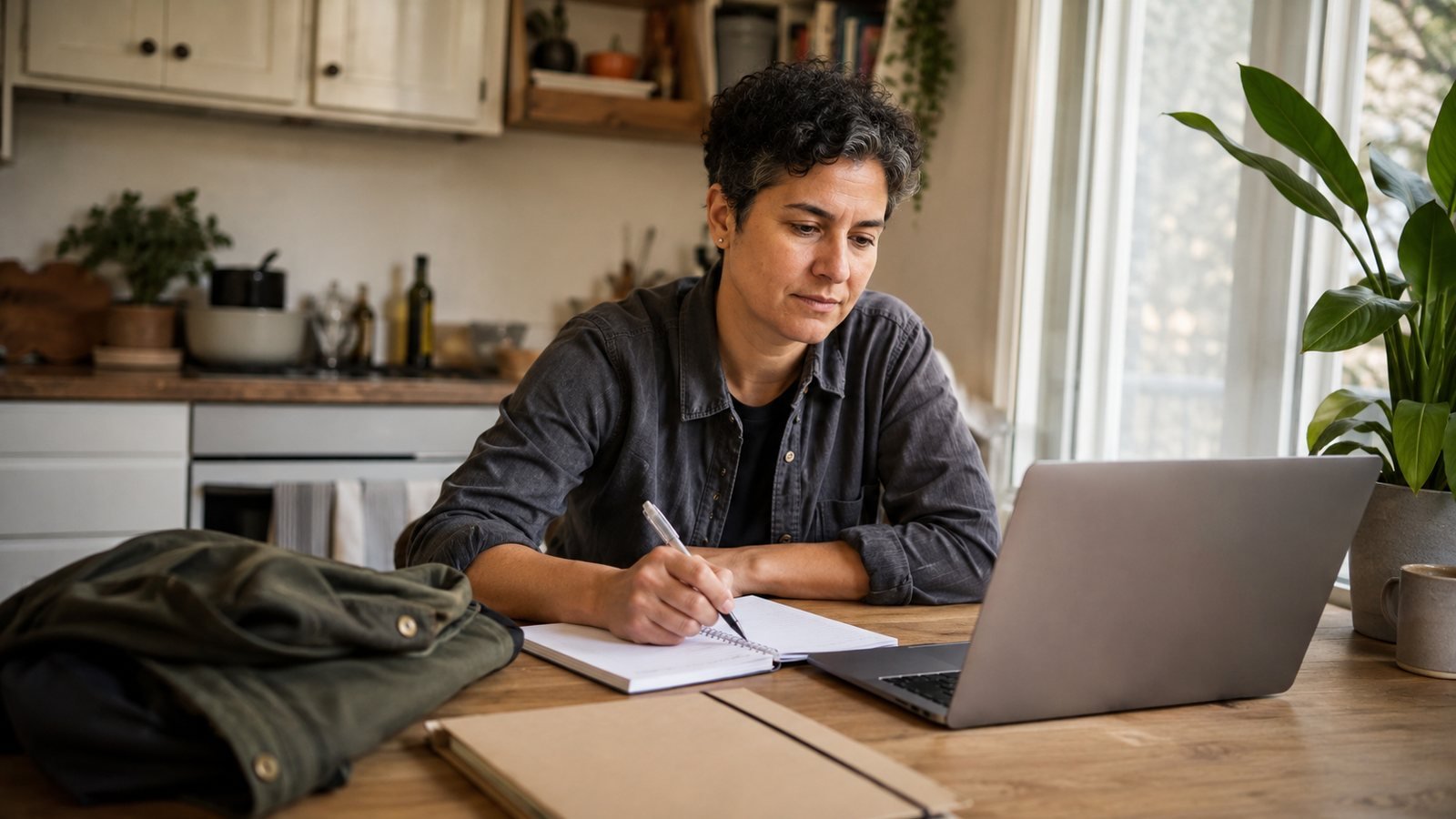 Adult job seeker planning next steps at a kitchen table with a notebook and laptop.